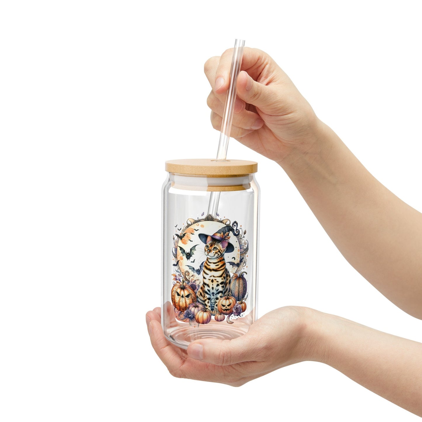 Halloween Bengal Cat Iced Coffee Cup16oz Cocktail Glass Custom Beer Can Glass with Bamboo Lid and Straw Cat Lover Gift Sipper Glass