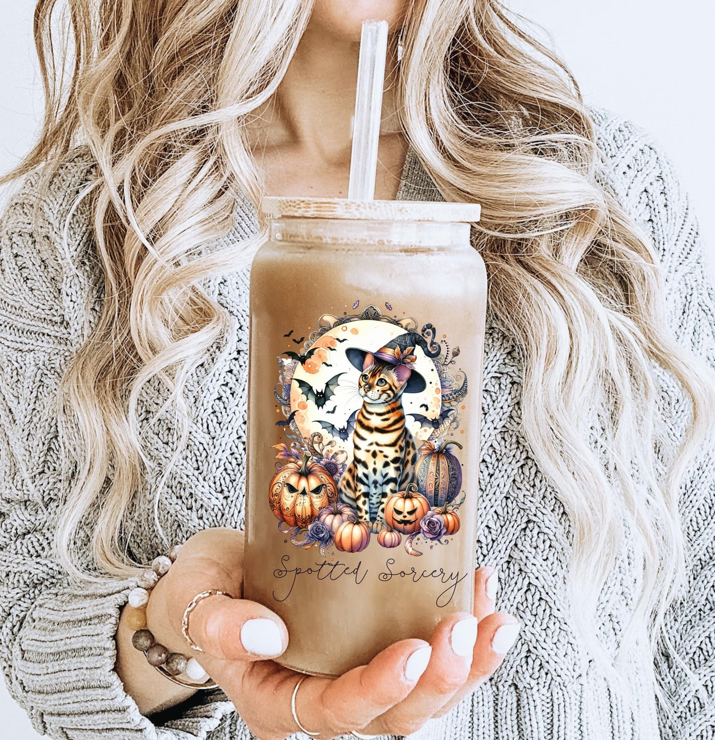 Halloween Bengal Cat Iced Coffee Cup16oz Cocktail Glass Custom Beer Can Glass with Bamboo Lid and Straw Cat Lover Gift Sipper Glass