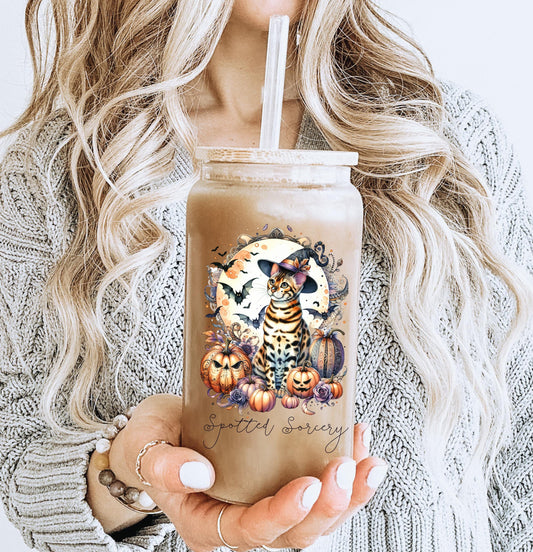Halloween Bengal Cat Iced Coffee Cup16oz Cocktail Glass Custom Beer Can Glass with Bamboo Lid and Straw Cat Lover Gift Sipper Glass