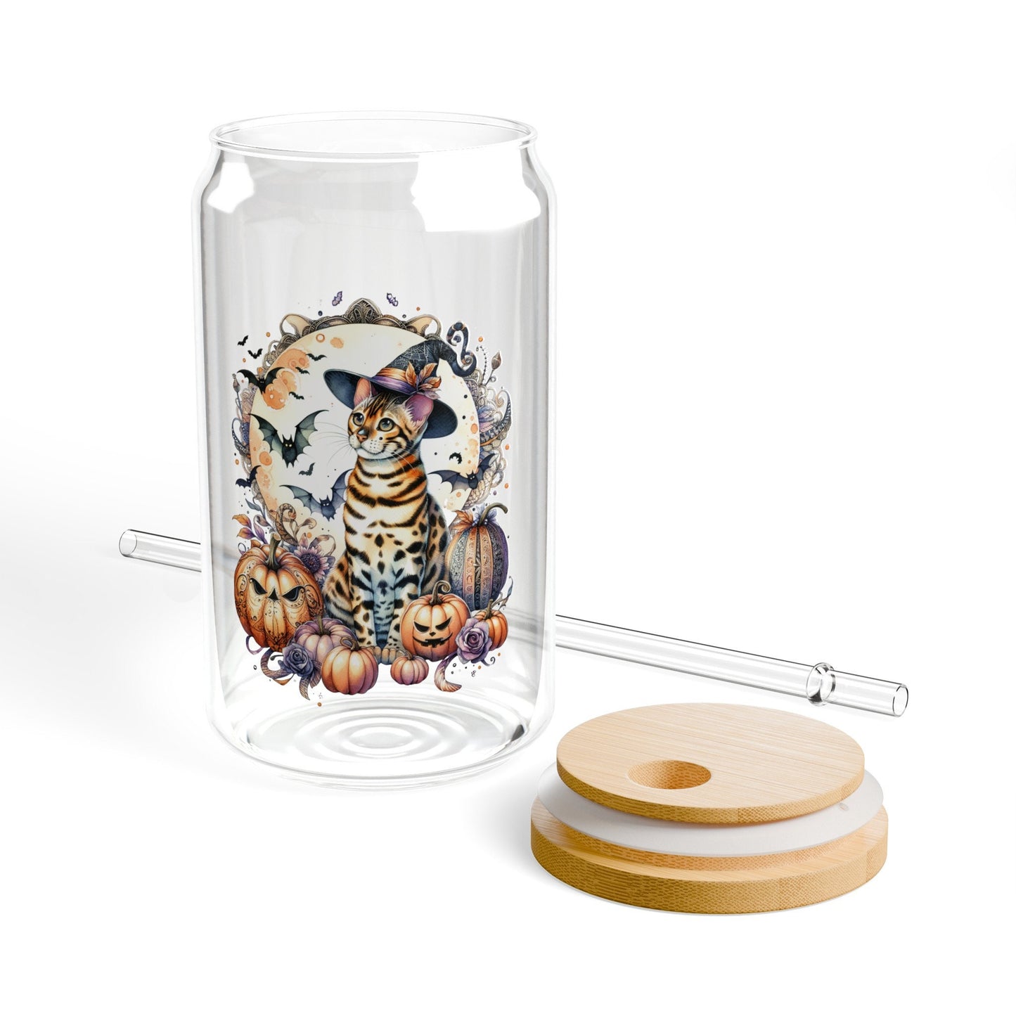 Halloween Bengal Cat Iced Coffee Cup16oz Cocktail Glass Custom Beer Can Glass with Bamboo Lid and Straw Cat Lover Gift Sipper Glass