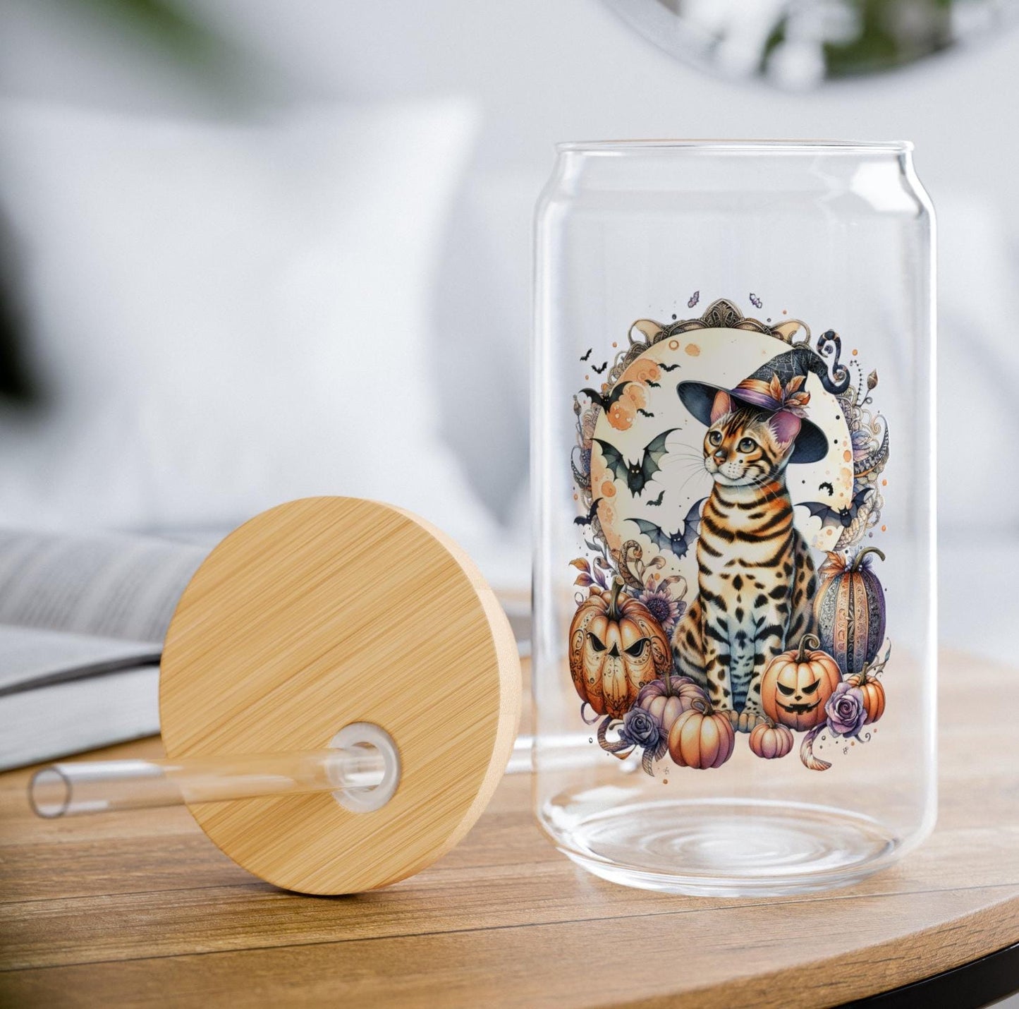 Halloween Bengal Cat Iced Coffee Cup16oz Cocktail Glass Custom Beer Can Glass with Bamboo Lid and Straw Cat Lover Gift Sipper Glass