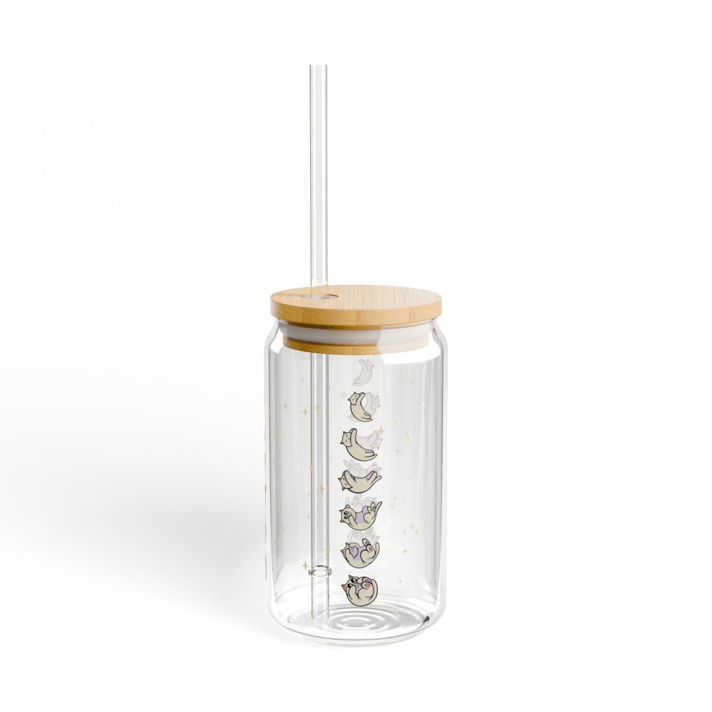 Celestial Cat Iced Coffee Cup16oz Moon Phases Cocktail Glass Custom Beer Can Glass with Bamboo Lid and Straw Cat Lover Gift Sipper Glass