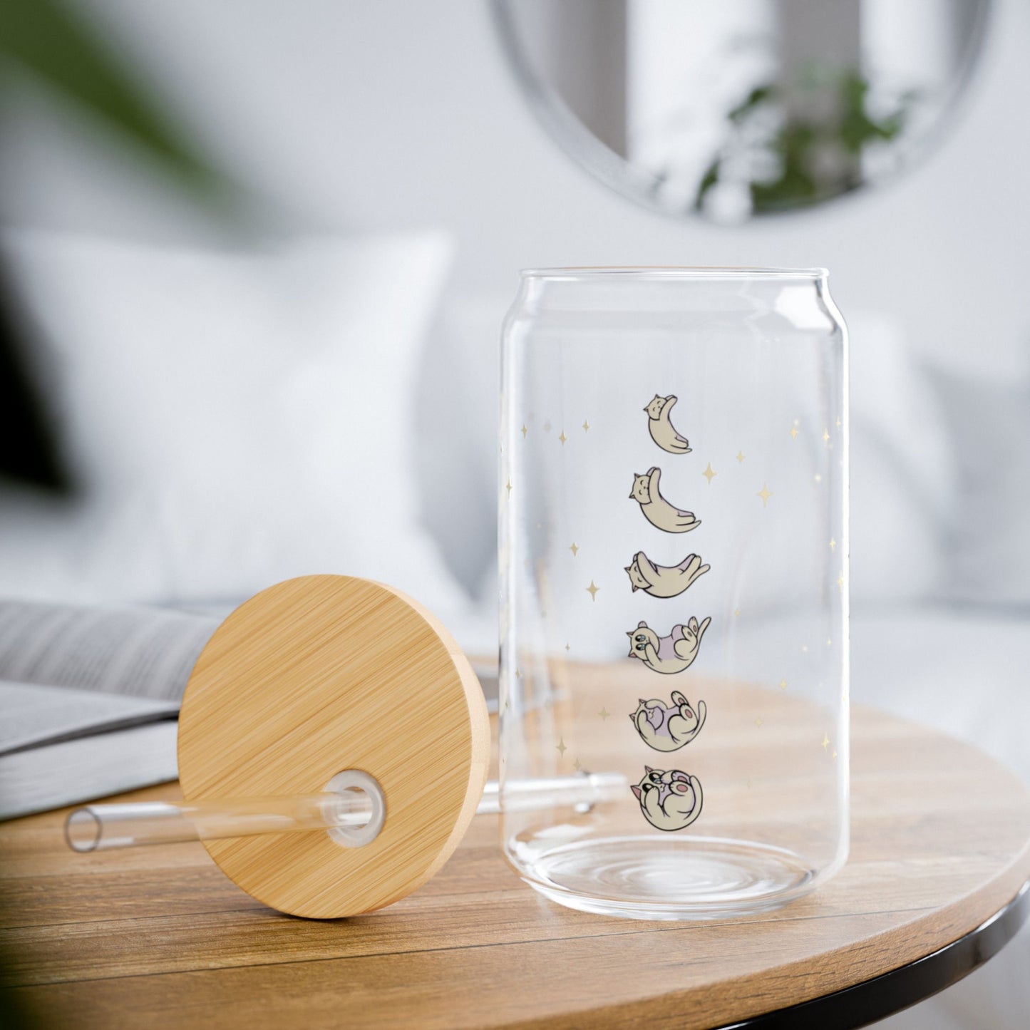 Celestial Cat Iced Coffee Cup16oz Moon Phases Cocktail Glass Custom Beer Can Glass with Bamboo Lid and Straw Cat Lover Gift Sipper Glass