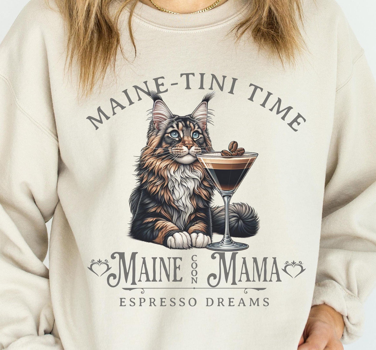 Maine Coon Espresso Cat Sweatshirt Martini TShirt Cat Lover Gift Cozy Apparel Maine Coon Lover Hoodie Custom Cat Top Cocktail Cat Fashion
