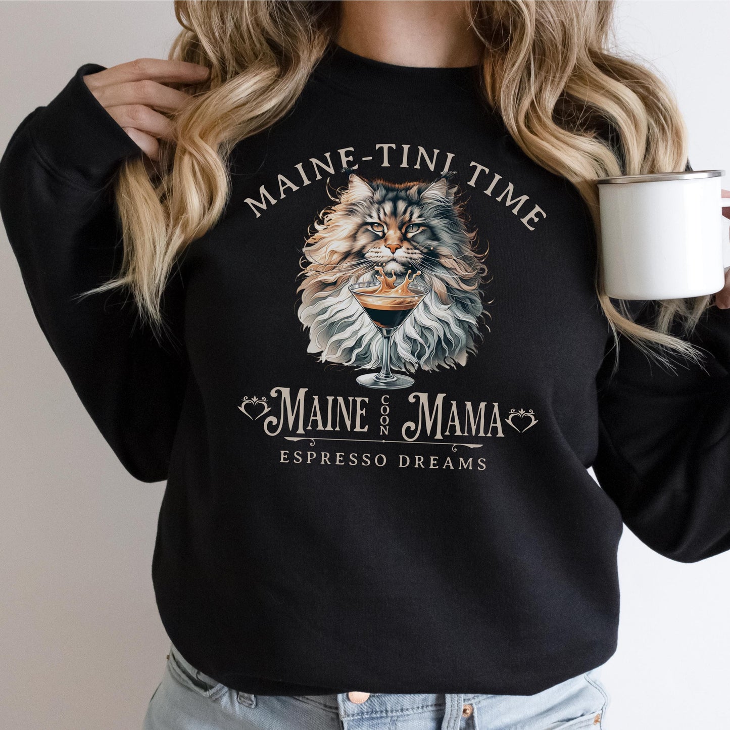 Maine Coon Cat Sweatshirt Espresso Martini TShirt Cat Lover Gift Cozy Apparel Maine Coon Lover Hoodie Custom Cat Top Cocktail Cat Fashion