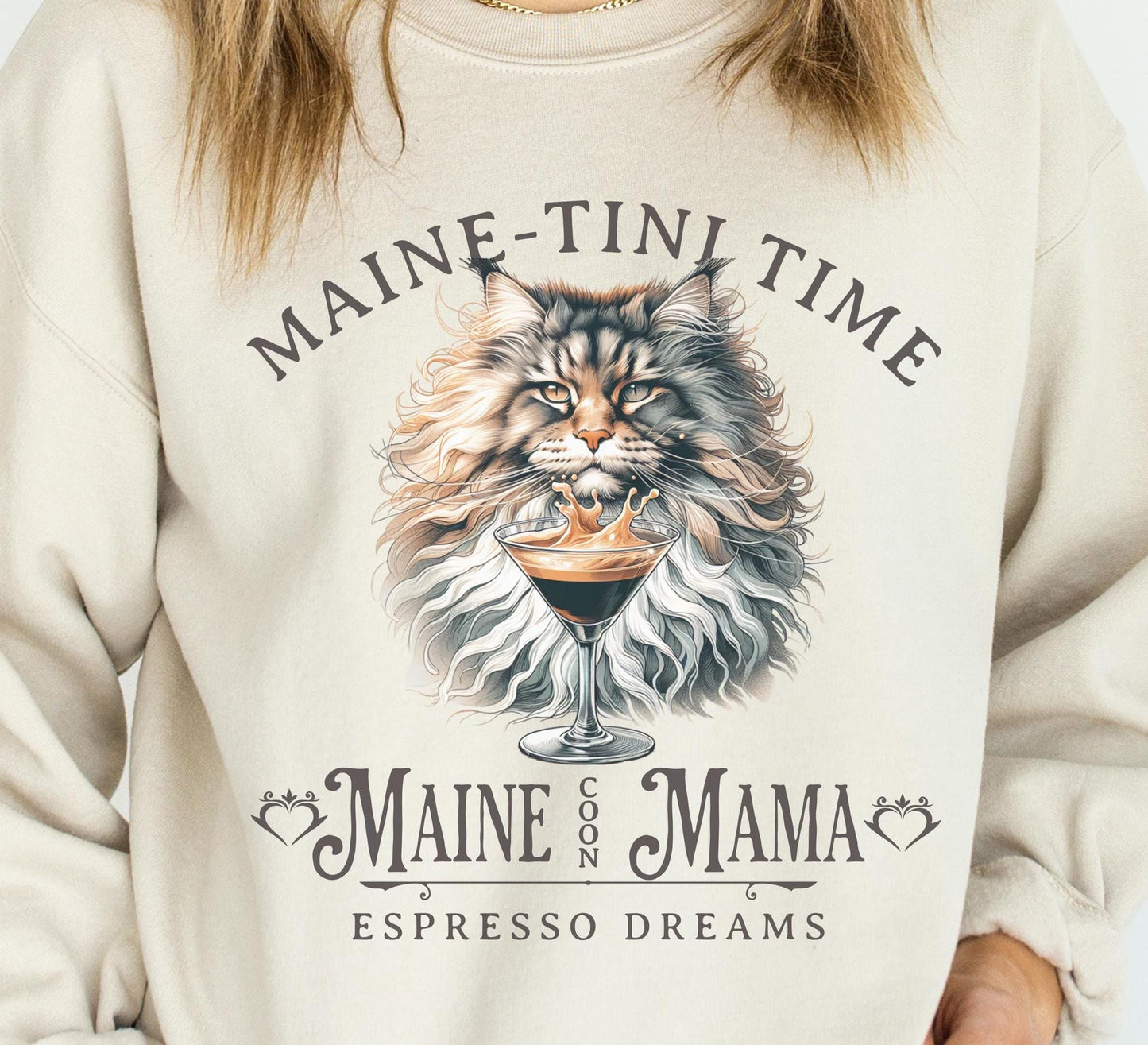 Maine Coon Cat Sweatshirt Espresso Martini TShirt Cat Lover Gift Cozy Apparel Maine Coon Lover Hoodie Custom Cat Top Cocktail Cat Fashion
