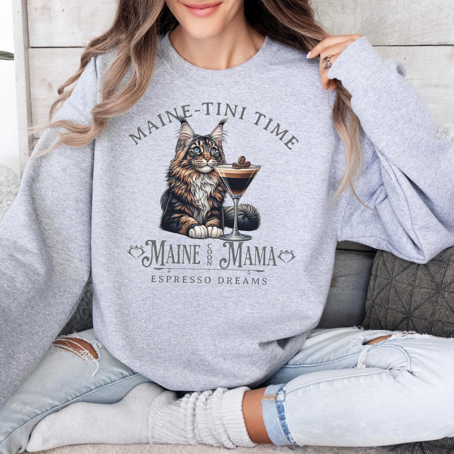 Maine Coon Espresso Cat Sweatshirt Martini TShirt Cat Lover Gift Cozy Apparel Maine Coon Lover Hoodie Custom Cat Top Cocktail Cat Fashion