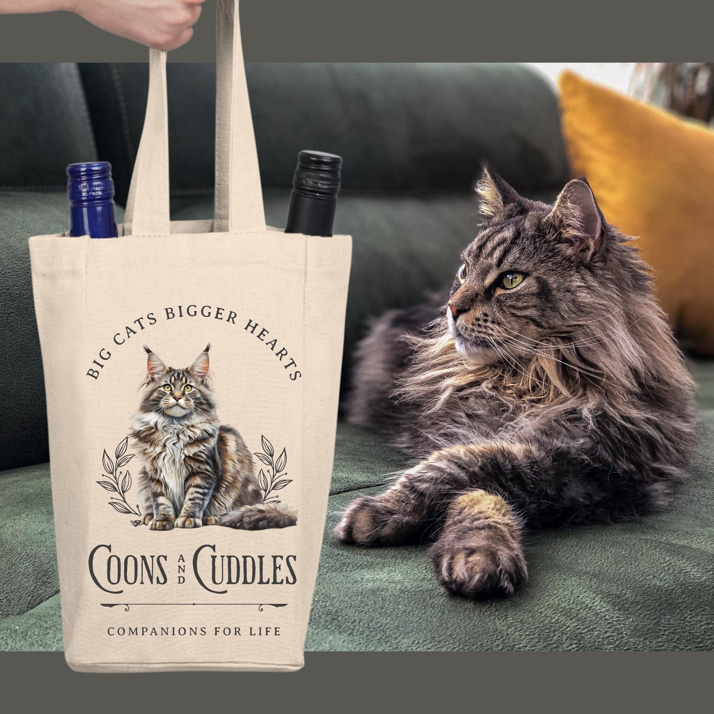 Maine Coon Cat Double Wine Tote Bag 100% Cotton Canvas Wine Carrier for Cat Lovers, Holds 2 Bottles, Perfect Gift for Wine & Cat Enthusiasts