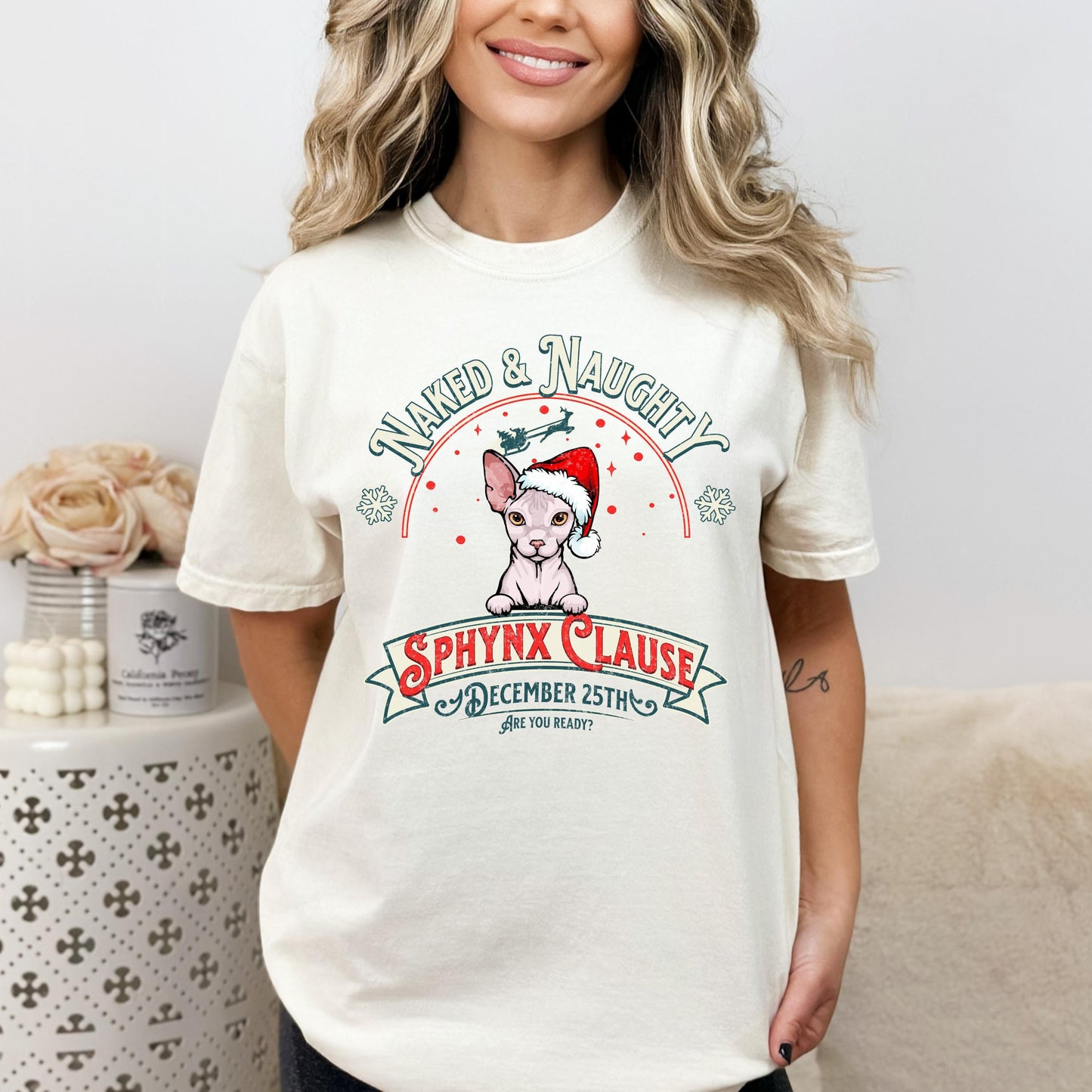 Sphynx Cat Christmas T-shirt Naked and Naughty Comfort Colors shirt Unisex  Cat Tee Garment-Dyed Shirt Funny Holiday Apparel Cat Xmas Gift