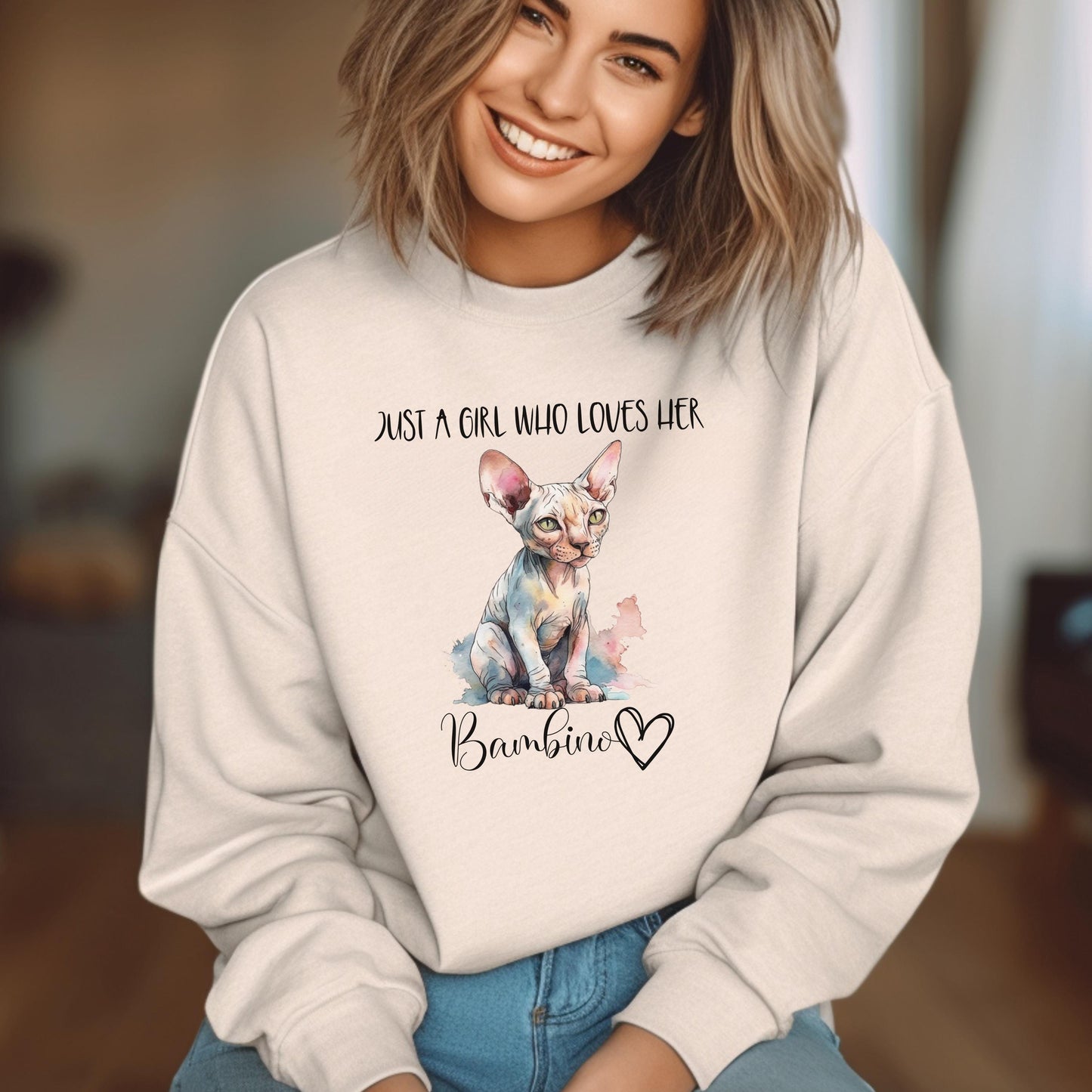 Sphynx Bambino Sweatshirt, Just a Girl, Oversized sweatshirt for Cat Mom, Gifted Custom Catshirt Sweater Gift for Sphynx Lover