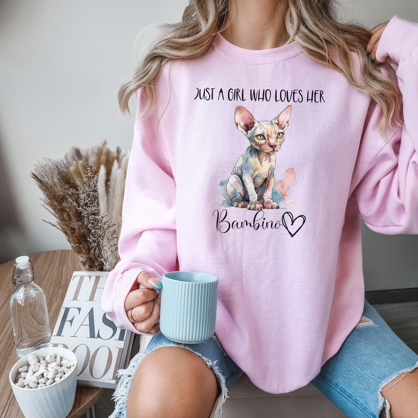 Sphynx Bambino Sweatshirt, Just a Girl, Oversized sweatshirt for Cat Mom, Gifted Custom Catshirt Sweater Gift for Sphynx Lover