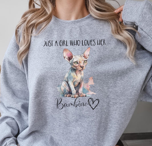 Sphynx Bambino Sweatshirt, Just a Girl, Oversized sweatshirt for Cat Mom, Gifted Custom Catshirt Sweater Gift for Sphynx Lover