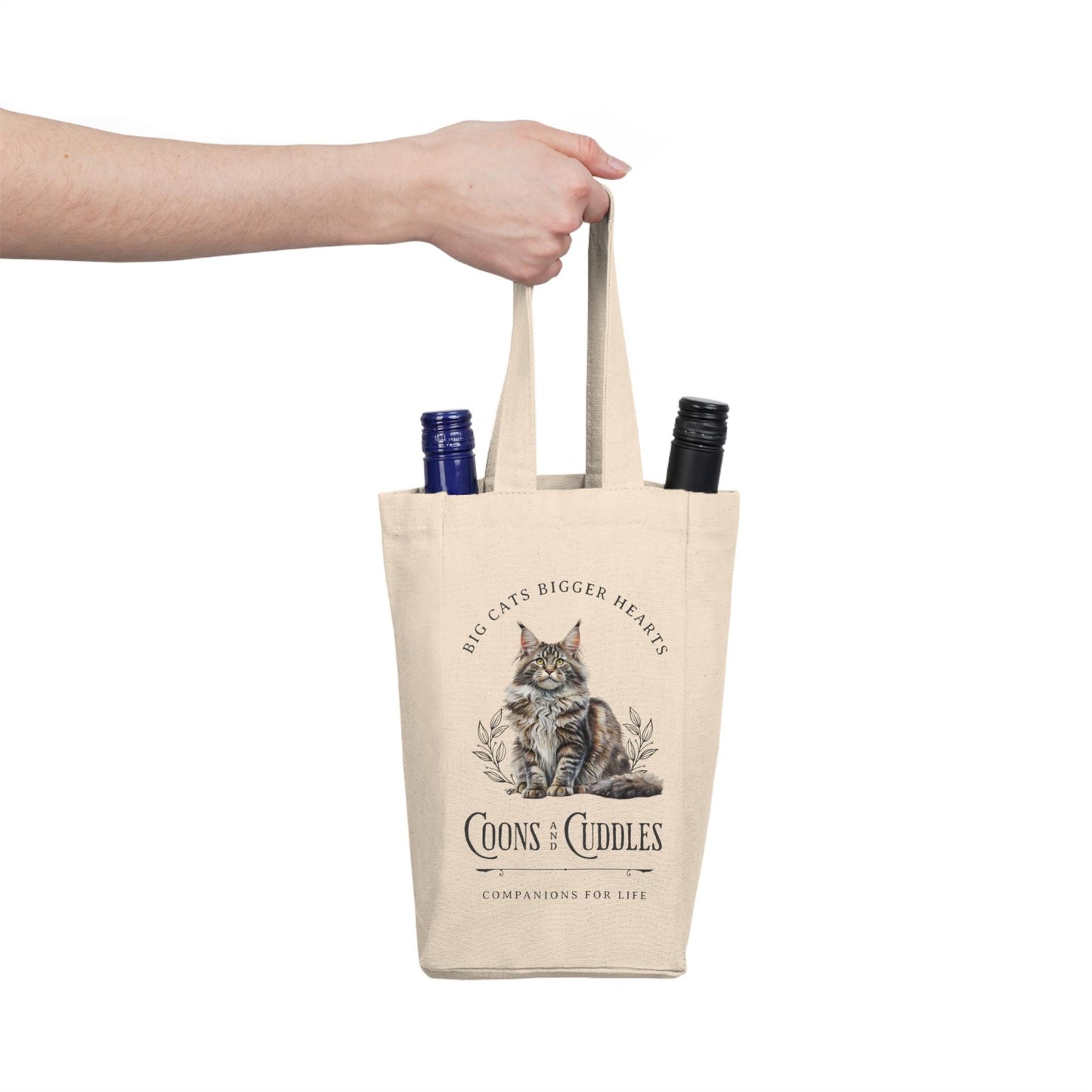 Maine Coon Cat Double Wine Tote Bag 100% Cotton Canvas Wine Carrier for Cat Lovers, Holds 2 Bottles, Perfect Gift for Wine & Cat Enthusiasts