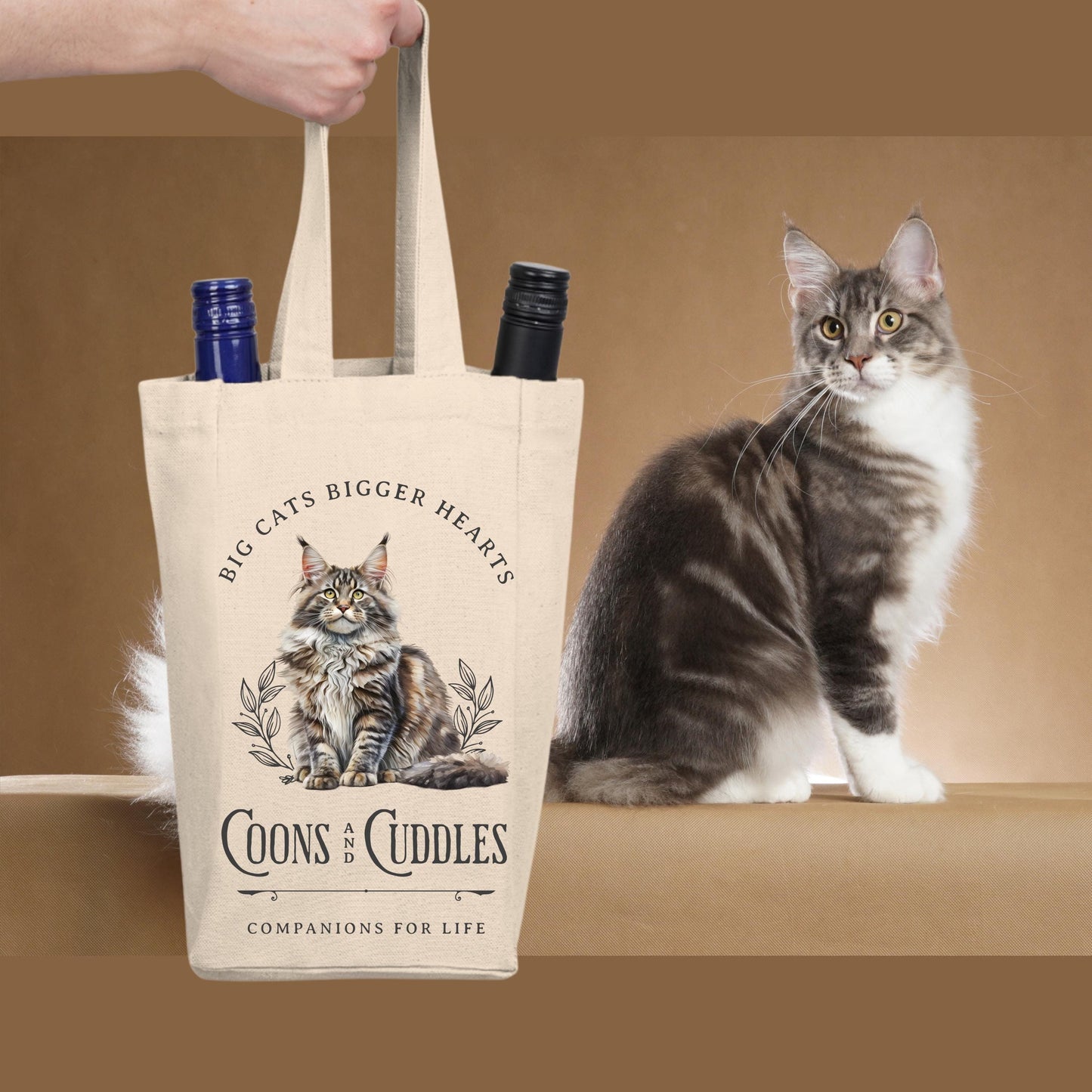 Maine Coon Cat Double Wine Tote Bag 100% Cotton Canvas Wine Carrier for Cat Lovers, Holds 2 Bottles, Perfect Gift for Wine & Cat Enthusiasts