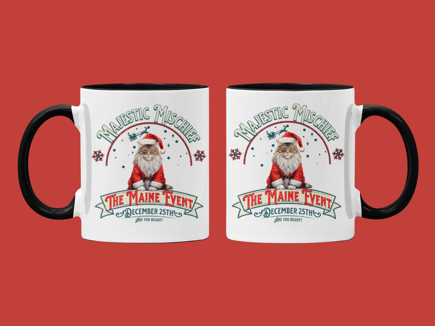 Christmas Maine Coon Mug Custom Cat Lover Coffee Cup Two-Tone Ceramic Mug C-Handle Maincoon Design Gift for Cat Lovers Tea Cocoa Mug Gift