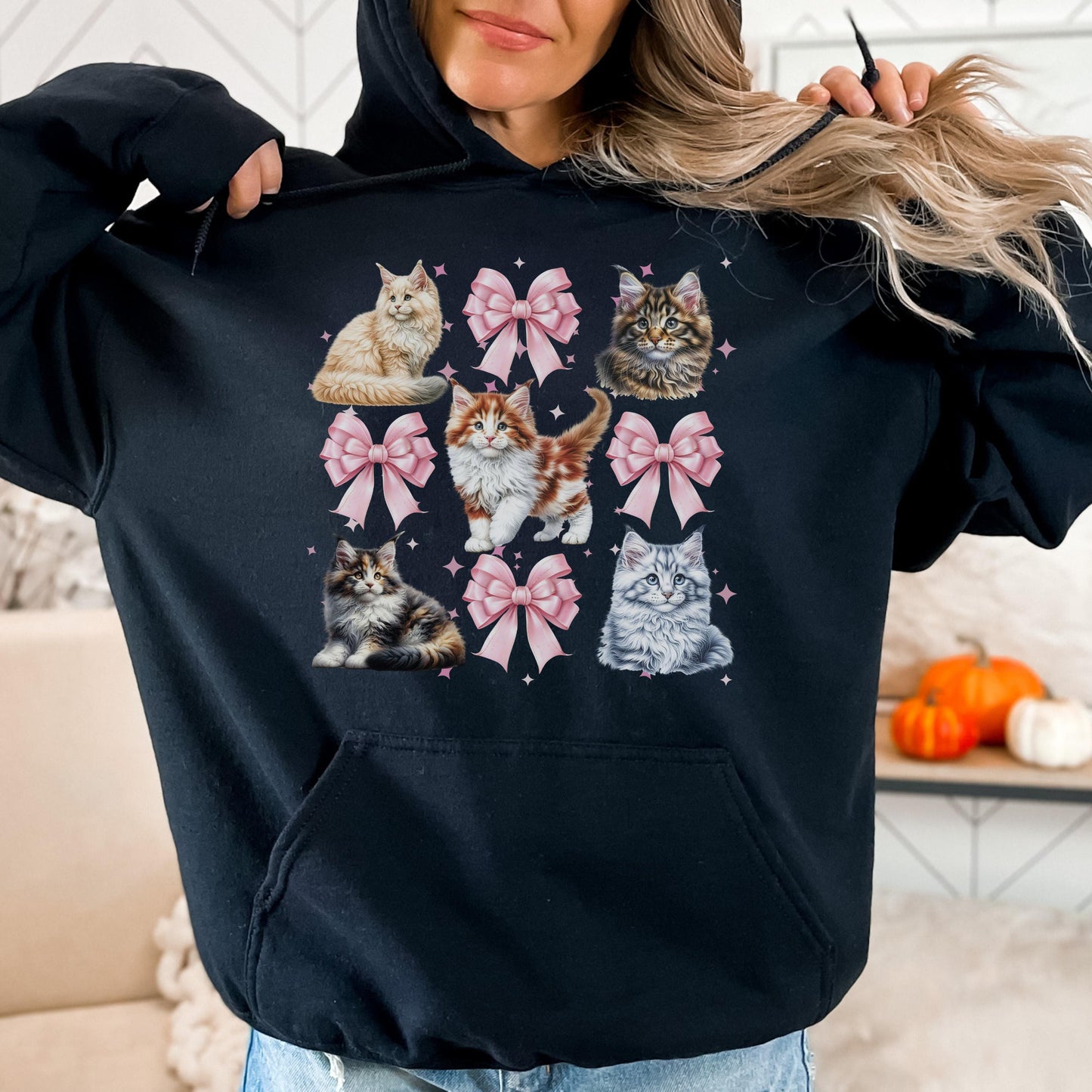 Maine Coon Kitten Coquette Shirt Cat Lover Sweatshirt Watercolor Maincoon Kitten Pink Bow Hoodie Soft Feminine Aesthetic Gift for Women