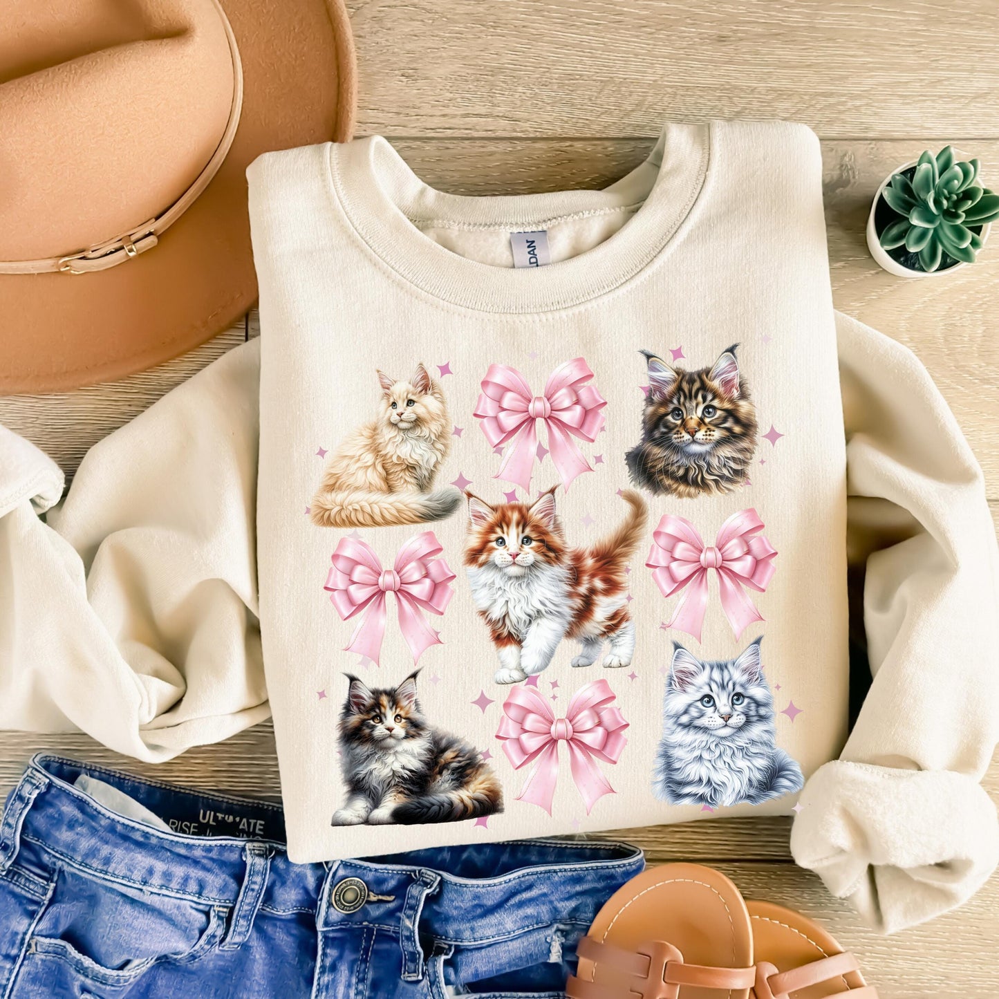 Maine Coon Kitten Coquette Shirt Cat Lover Sweatshirt Watercolor Maincoon Kitten Pink Bow Hoodie Soft Feminine Aesthetic Gift for Women