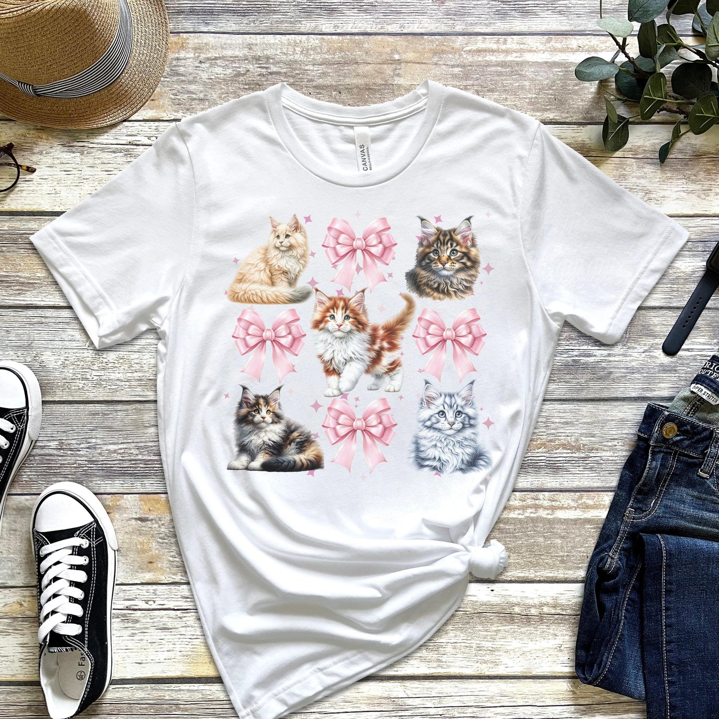 Maine Coon Kitten Coquette Shirt Cat Lover Sweatshirt Watercolor Maincoon Kitten Pink Bow Hoodie Soft Feminine Aesthetic Gift for Women