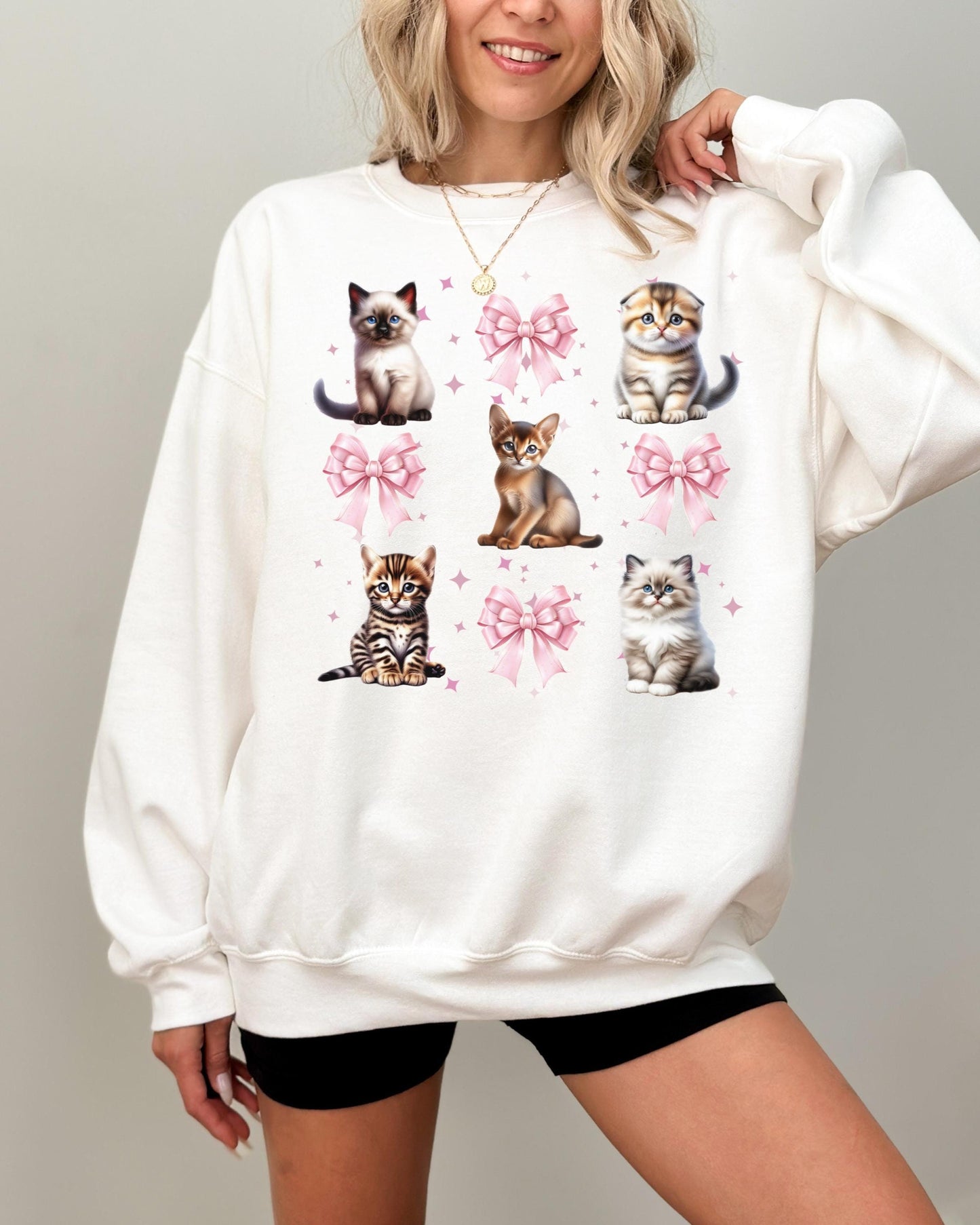 Coquette Kitten Sweatshirt Pretty Pink Bows and Kittens Shirt Abysinian Bengal Ragdoll Scottish Fold Crewneck Soft Cat Lover Gift Sweater
