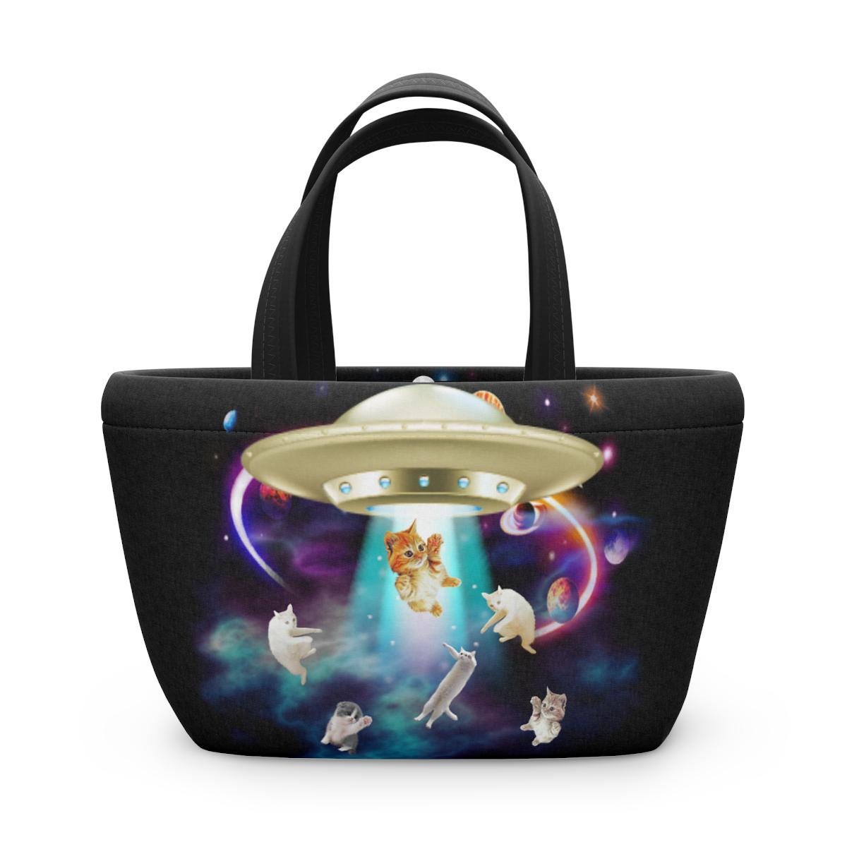 Cat UFO Abduction Lunch Tote, Funny UFO Cat Bag, Catduction Gift for Cat Lover, Neoprene Lunch Bag