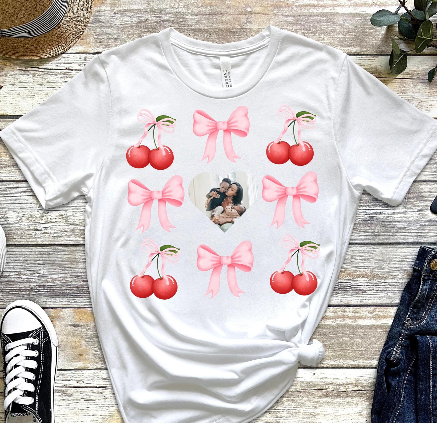 Personalized Gift for Mom Mama Sweatshirt Child's Name Photo Coquette Valentine Shirt with Name Tee Heart Photo Cherry Mother's Day Keepsake