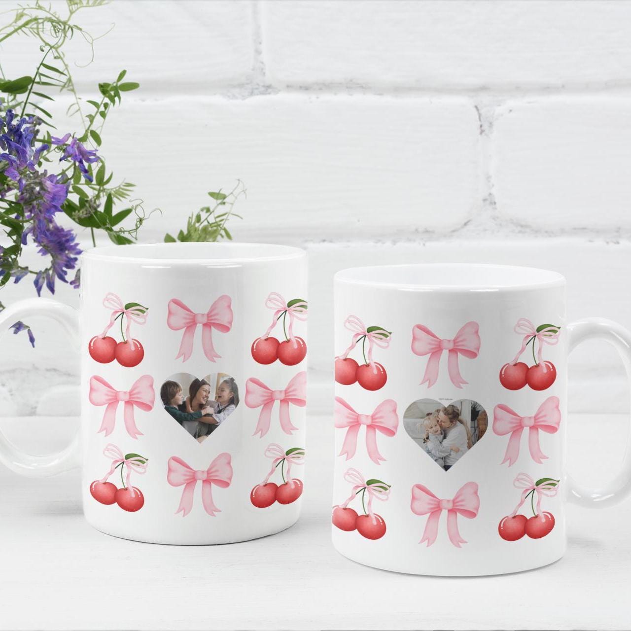 Personalized Gift for Mom Coquette Mama Mug with Childs Name & Photo Heart Photo Cherry Cup Valentines Day Custom Mothers Day Keepsake Mug