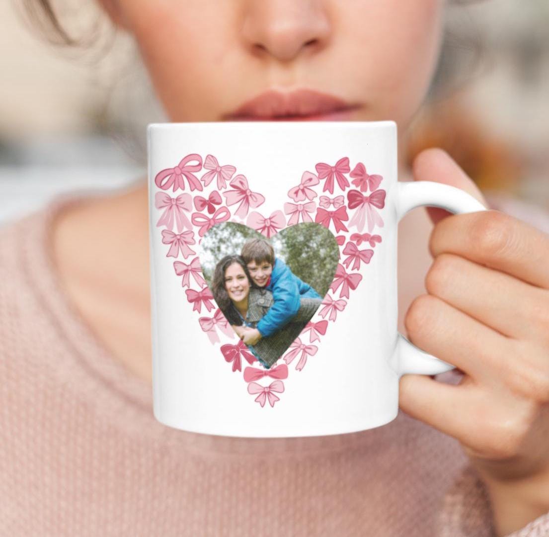 Personalized Gift for Mom Coquette Mama Mug with Childs Name & Photo Heart Photo Coffee Cup Valentines Day Custom Mothers Day Keepsake Mug