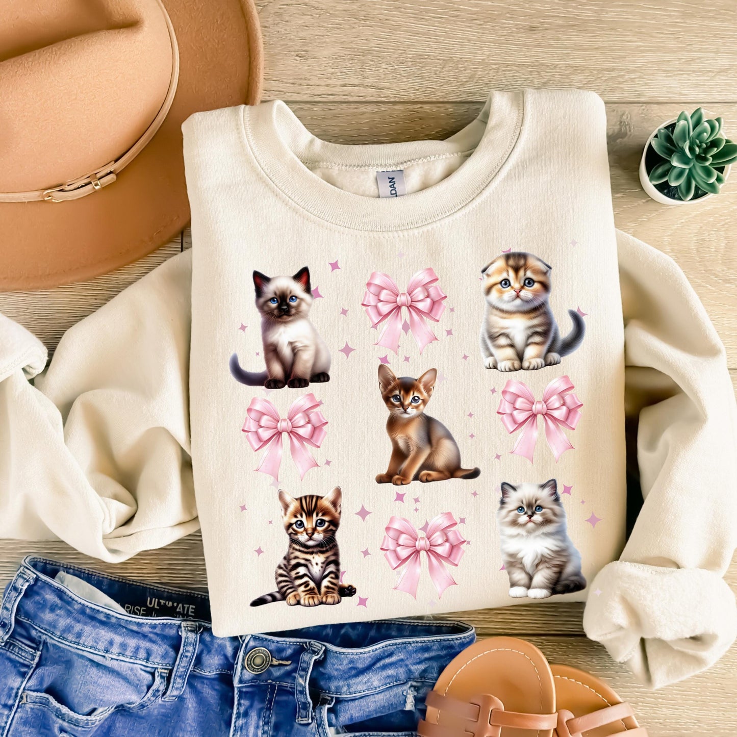 Coquette Kitten Sweatshirt Pretty Pink Bows and Kittens Shirt Abysinian Bengal Ragdoll Scottish Fold Crewneck Soft Cat Lover Gift Sweater