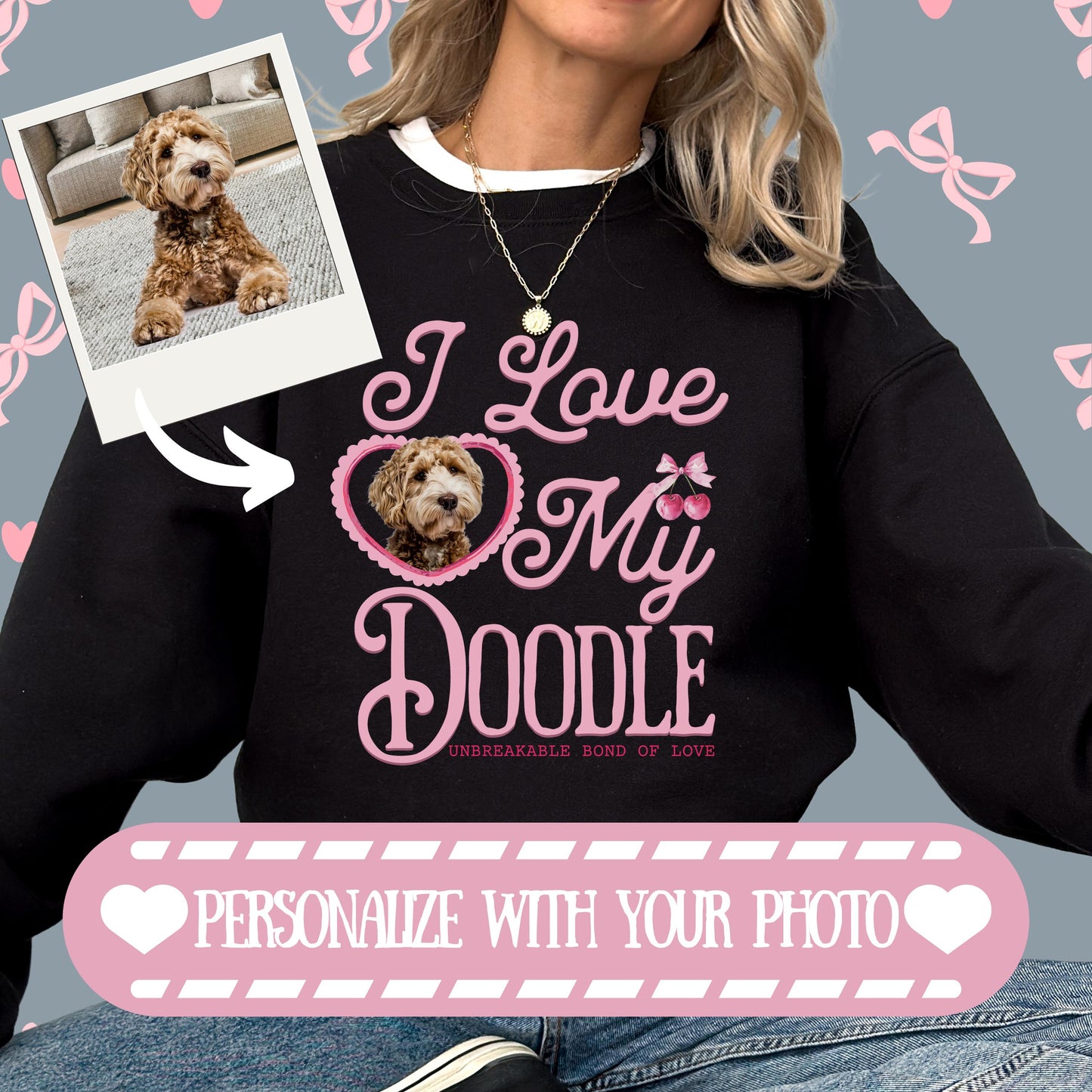 Personalized Pet Photo Shirt Gift Insert Design Here Coquette Aesthetic Bows Tee Heart Pet Picture Valentine Dog Sweatshirt Pet Hoodie