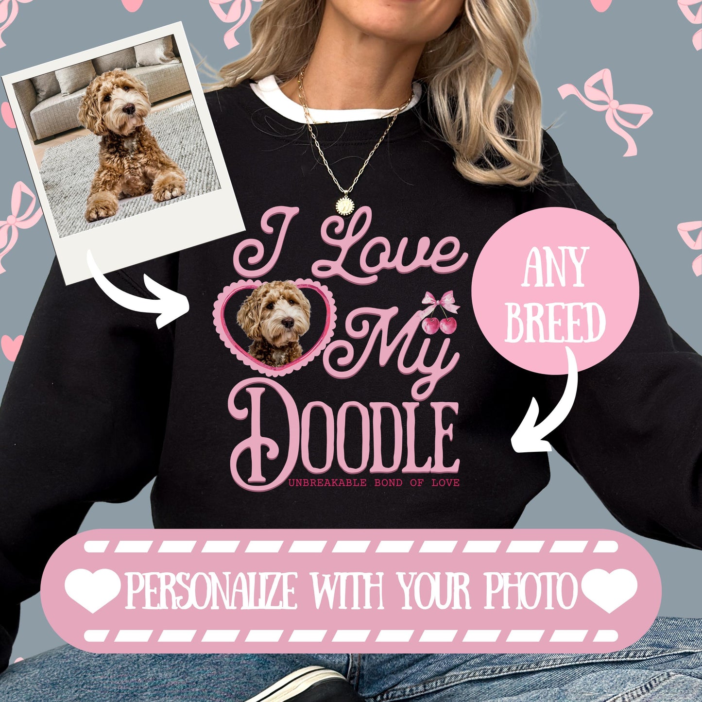 Personalized Pet Photo Shirt Gift Insert Design Here Coquette Aesthetic Bows Tee Heart Cat Picture Valentine Dog Sweatshirt Pet Hoodie