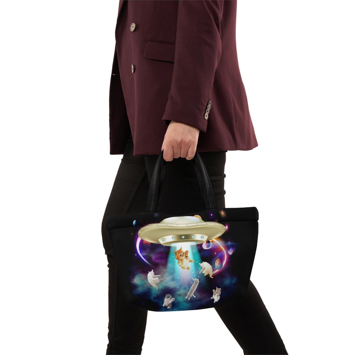 Cat UFO Abduction Lunch Tote, Funny UFO Cat Bag, Catduction Gift for Cat Lover, Neoprene Lunch Bag
