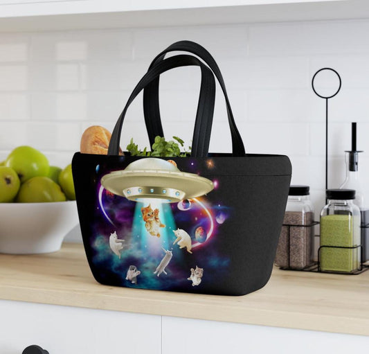 Cat UFO Abduction Lunch Tote, Funny UFO Cat Bag, Catduction Gift for Cat Lover, Neoprene Lunch Bag