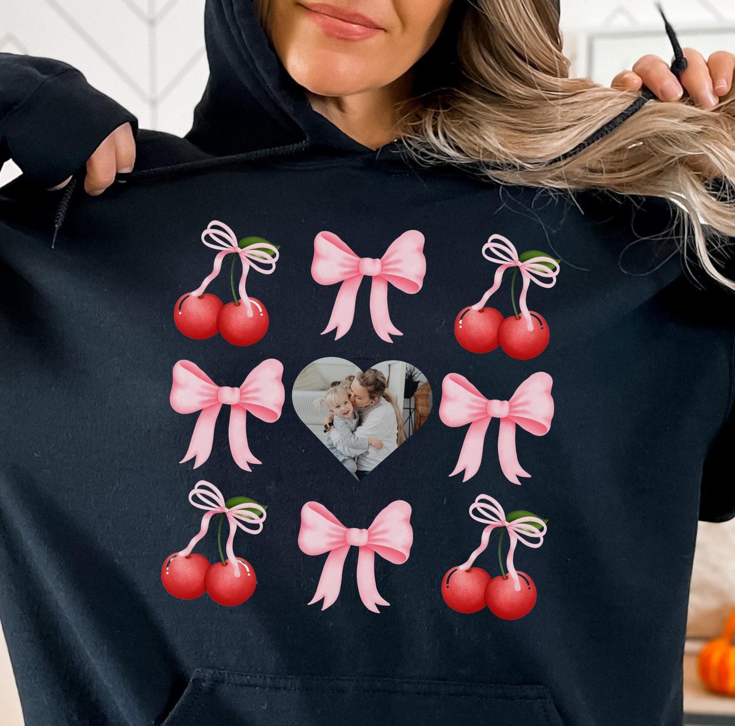 Personalized Gift for Mom Mama Sweatshirt Child's Name Photo Coquette Valentine Shirt with Name Tee Heart Photo Cherry Mother's Day Keepsake