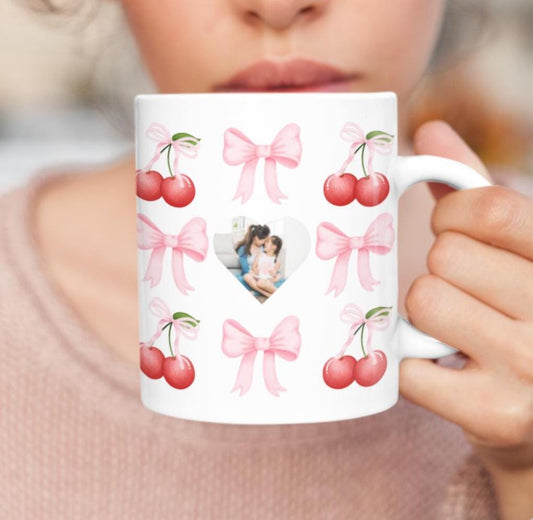 Personalized Gift for Mom Coquette Mama Mug with Childs Name & Photo Heart Photo Cherry Cup Valentines Day Custom Mothers Day Keepsake Mug