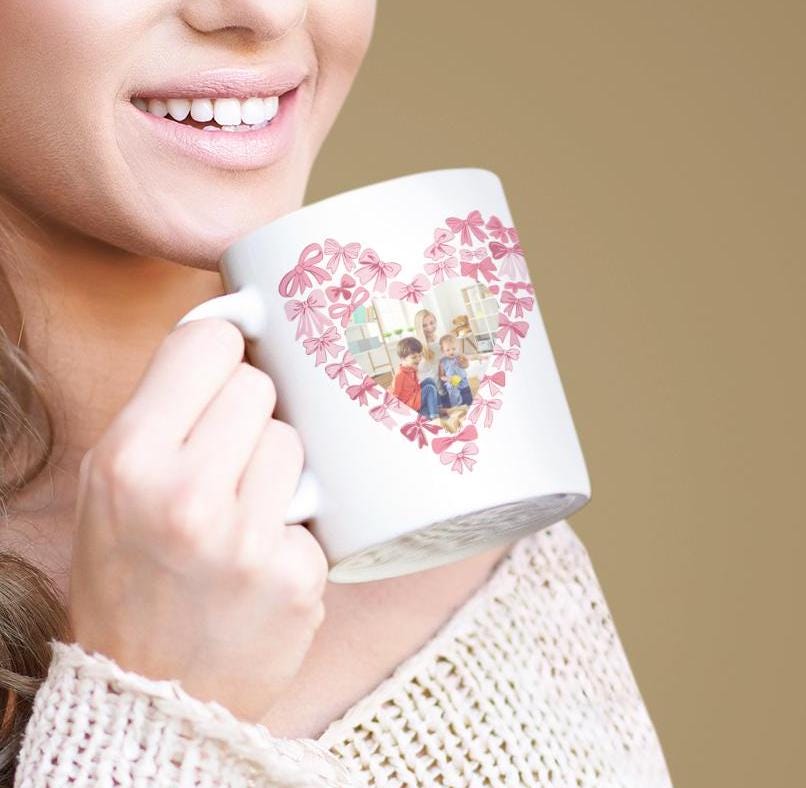 Personalized Gift for Mom Coquette Mama Mug with Childs Name & Photo Heart Photo Coffee Cup Valentines Day Custom Mothers Day Keepsake Mug
