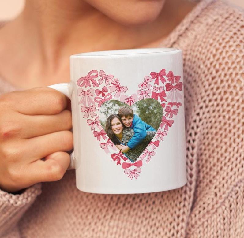 Personalized Gift for Mom Coquette Mama Mug with Childs Name & Photo Heart Photo Coffee Cup Valentines Day Custom Mothers Day Keepsake Mug