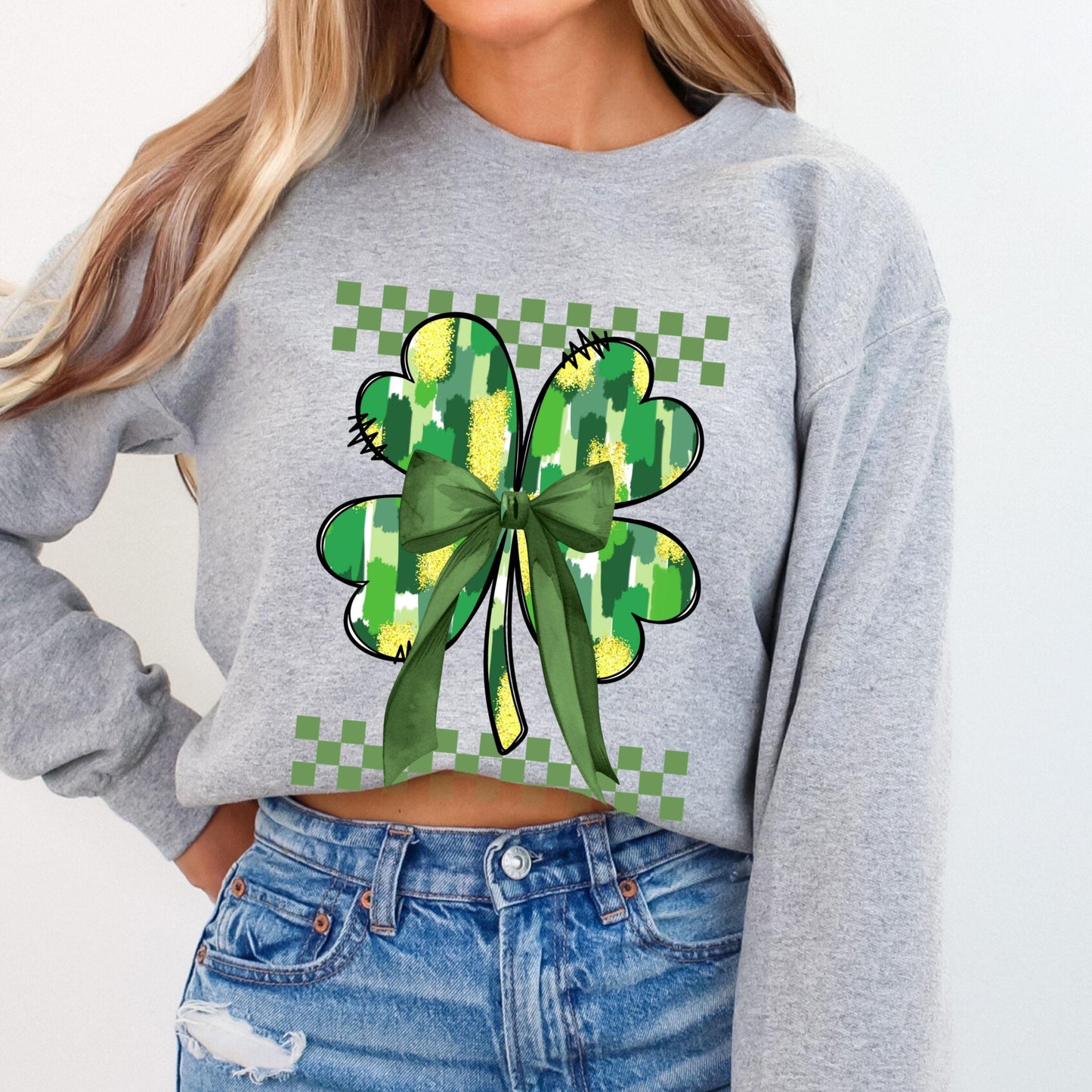 St Patricks Retro Shamrock Sweatshirt Funny Coquette Irish St Paddys Day Lucky Sweater Girls 4 Leaf Green Checkered Brushstroke Clover Shirt