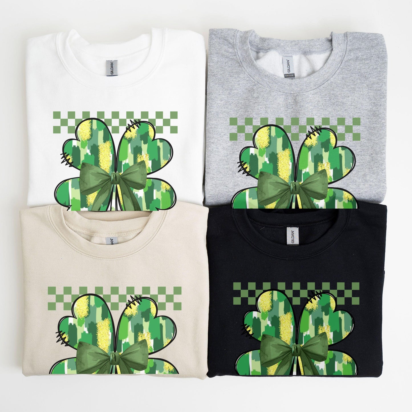 St Patricks Retro Shamrock Sweatshirt Funny Coquette Irish St Paddys Day Lucky Sweater Girls 4 Leaf Green Checkered Brushstroke Clover Shirt