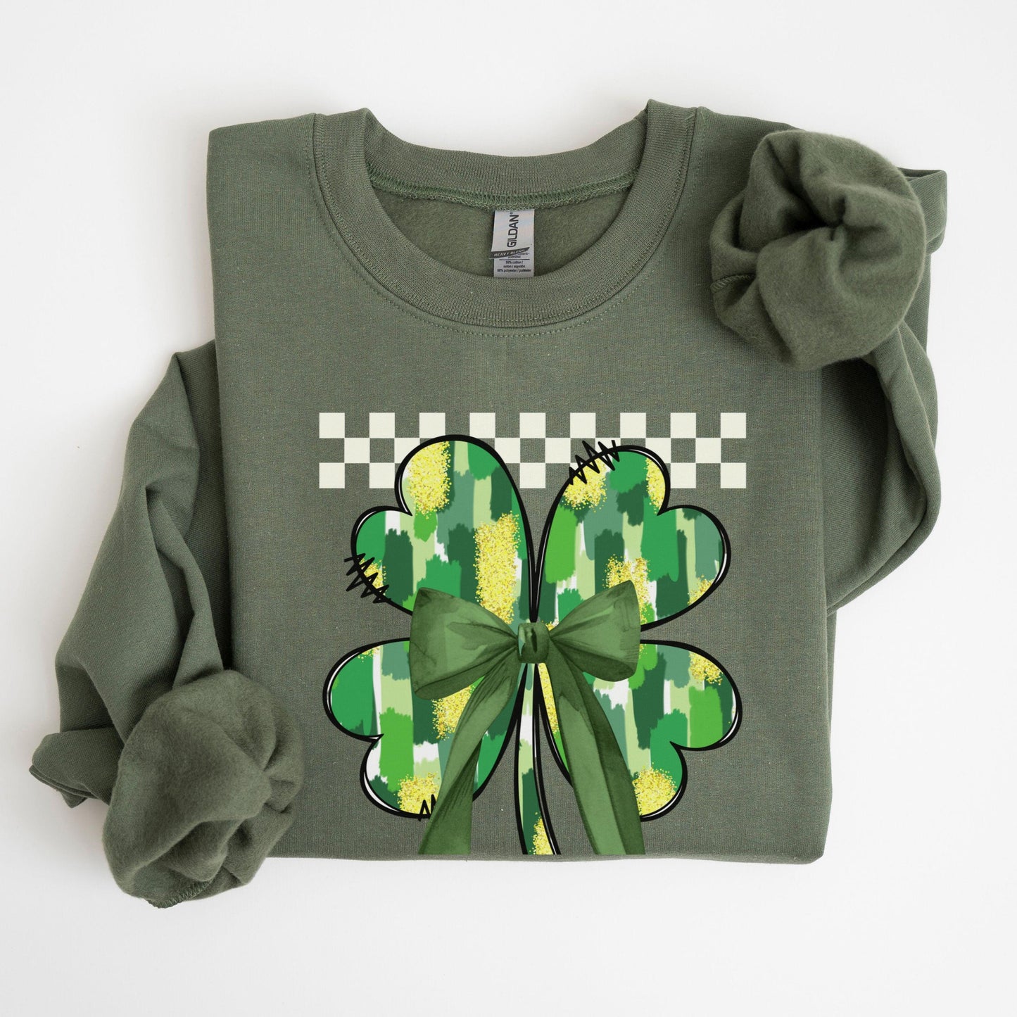 St Patricks Retro Shamrock Sweatshirt Funny Coquette Irish St Paddys Day Lucky Sweater Girls 4 Leaf Green Checkered Brushstroke Clover Shirt