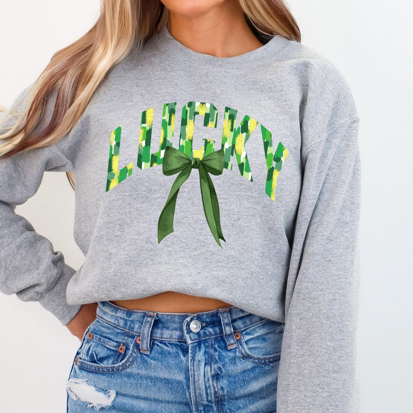 St Patricks Day Retro Shamrock Sweatshirt Funny Coquette Irish St Paddys Day Lucky Sweater Girls Four Leaf Green Brushstroke Clover Shirt