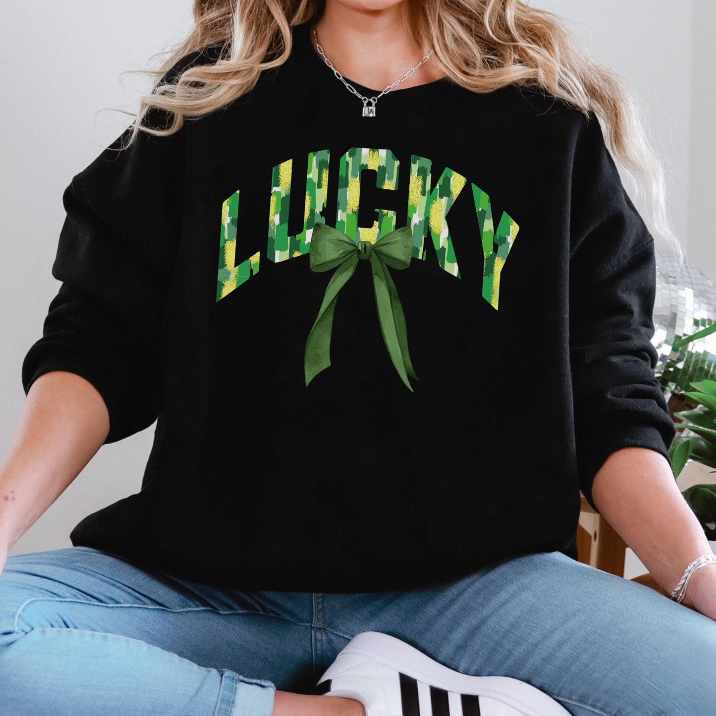 St Patricks Day Retro Shamrock Sweatshirt Funny Coquette Irish St Paddys Day Lucky Sweater Girls Four Leaf Green Brushstroke Clover Shirt