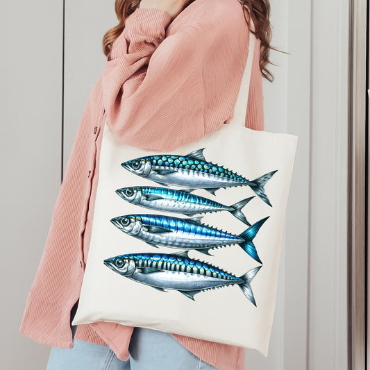 Sardines Art Print Canvas Beach Tote Bag Tinned Fish Aesthetic Nautical Style Sardinecore Print Vintage Coastal Seafaring Vacation Accessory