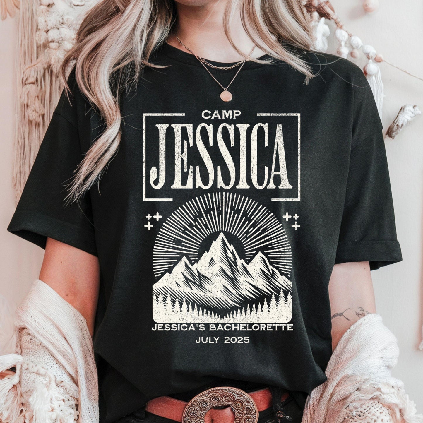 Vintage Camp Bachelorette Shirt Custom Location Camping Party Shirts Mountain Bride Tee Retro Lake Themed Bridal Party Gifts Hiking Tees