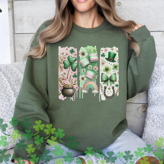 St Patricks Day Retro Shamrock Sweatshirt Funny Coquette Irish St Paddys Day Lucky Sweater Girls 4 Leaf Green Brushstroke Bow Clover Shirt