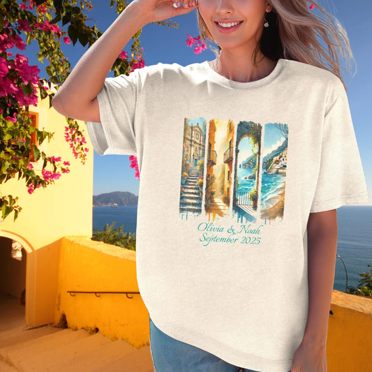Amalfi Coast Custom Italian Honeymoon Watercolor Shirt Italy Travel Tee Mediterranean Aesthetic Vintage Scooter T-Shirt Coastal Fashion