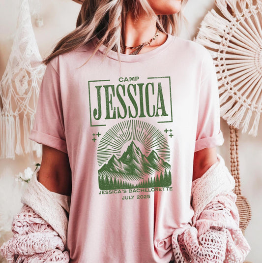 Vintage Camp Bachelorette Shirt Custom Location Camping Party Shirts Mountain Bride Tee Retro Lake Themed Bridal Party Gifts Hiking Tees