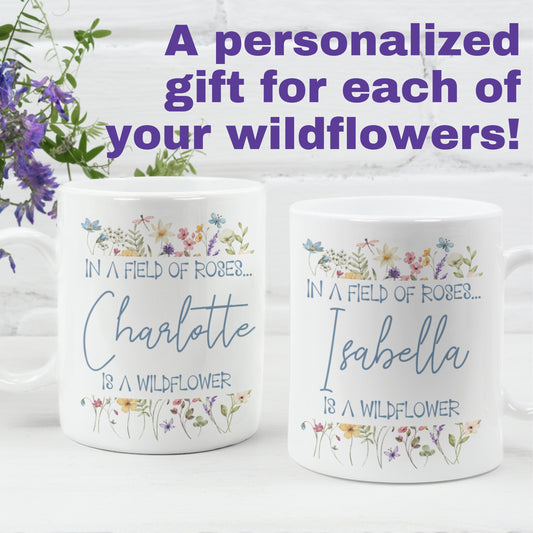 Personalized Name Wildflower Mug, Boho Cottagecore Mug, Vintage Pastel Floral Cup, Wildflower Coffee Mug, Garden Flower Lover 11oz 15oz Cup