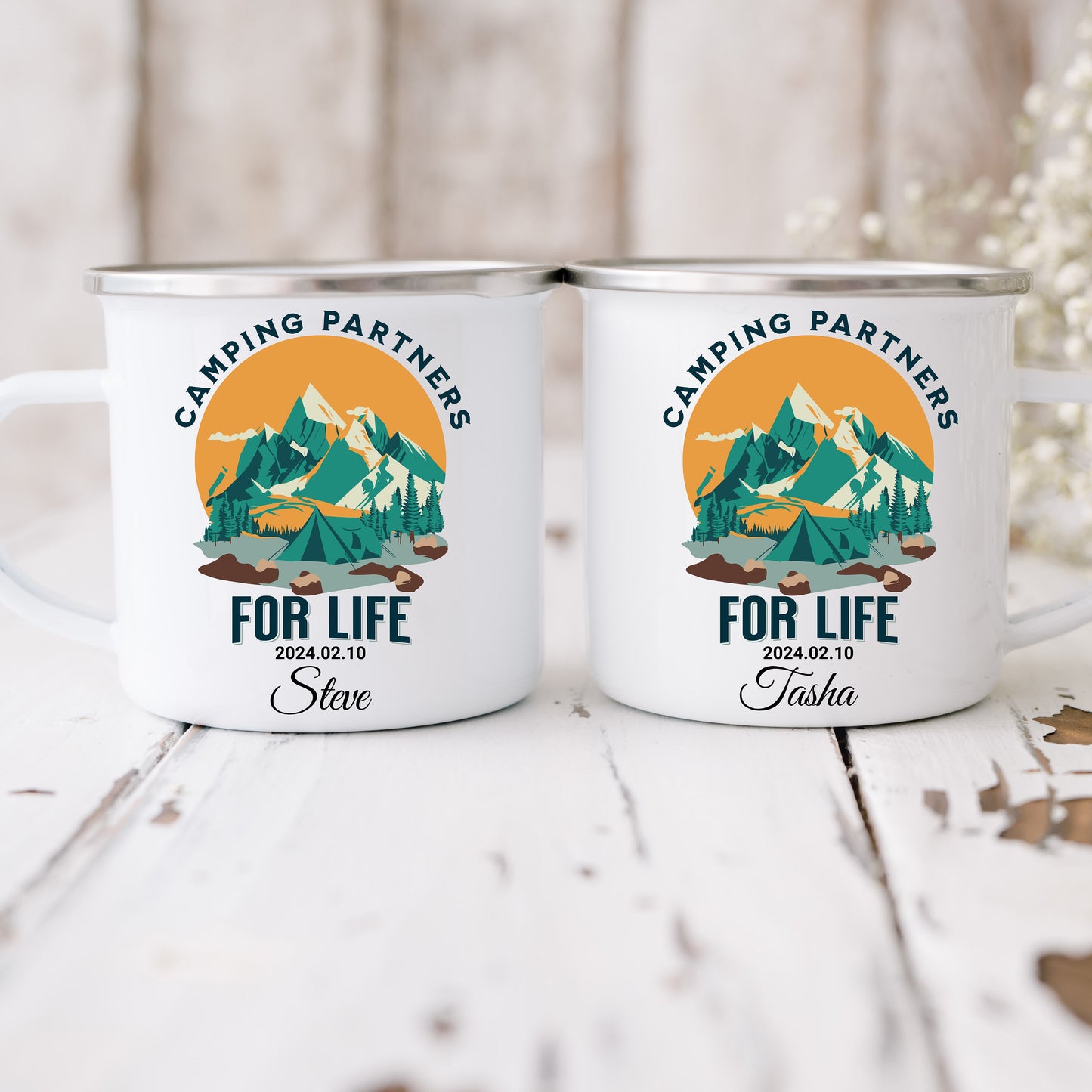 Personalized Mr Mrs Couples Wedding Camping Mug, Couple Adventure Coffee Cup, Engagement Gift for Bride and Groom Fiance, Wedding Keepsake