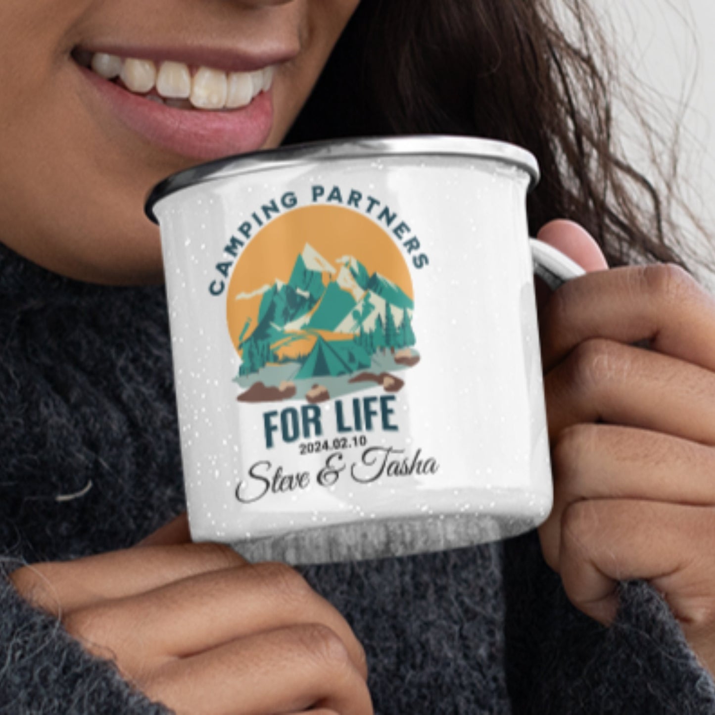 Personalized Mr Mrs Couples Wedding Camping Mug, Couple Adventure Coffee Cup, Engagement Gift for Bride and Groom Fiance, Wedding Keepsake